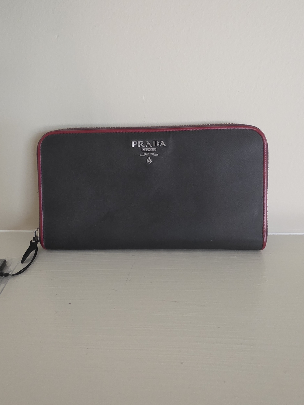 Prada Zip Around Wallet Black And Burgundy With Certificate Of Authenticity